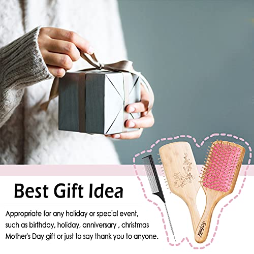 Sofmild Bamboo Hair Brush with Tail Comb, Pink Cushion Paddle Brush - color: Rose