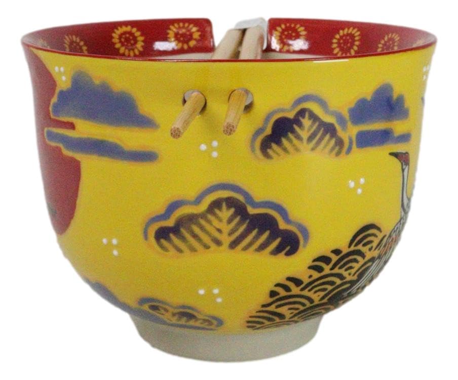 Ebros Gift Artistic Donburi Ramen Udon Noodles Soup Salad 5" D 18Oz Bowl With Bamboo Chopsticks And Built In Rest Set Asian Dining Kitchen Accent (Pair Of Japanese Cranes With Red Moon) - color: Pair Of Japanese Cranes With Red Moon