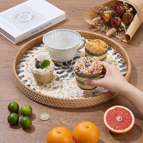 AHANDMAKER 1Pc Large Rattan Serving Tray with Mother of Pearl Boho Round Decorative Tray 14 Inches Diameter for Table Decor Home Decor Kitchen Island Serving and Display