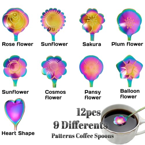 12 Pcs Flower Coffee Tea Spoons Set with Storage Bag, 4 Long & 8 Short Stainless Steel Teaspoons for Sugar Dessert Ice Cream Stirring, Cute Fancy Tableware for Tea Party Kitchen Cafe Bar(Multicolor) - style: Multicolor