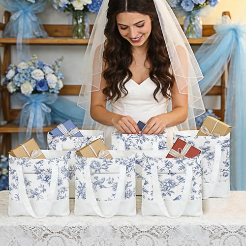 6 Pcs Mini Floral Bow Tote Bags for Women White Canvas Tote Bag Bulk Reusable Coquette Bags for Wedding Party Favor - color: Blue Floral
