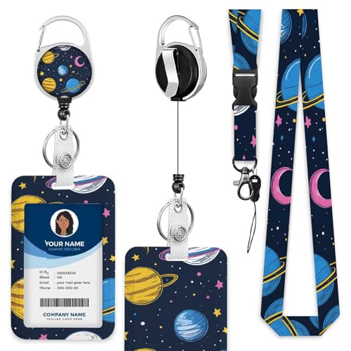 ID Badge Holder with Lanyard Easy to Use Space Pattern Badge Holder Colorful Planets and Stars for Workers Events Schools - color: Space Pattern