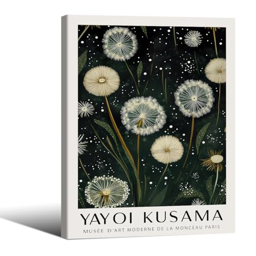 Japanese Green Botanical Flower Poster Vintage Nature Dandelion Wall Art 08x10 inch Framed Yayoi Kusama Canvas Prints for Living Room Wall Decor - color: Trendy 2-WFramed, size: 10"L x 8"W
