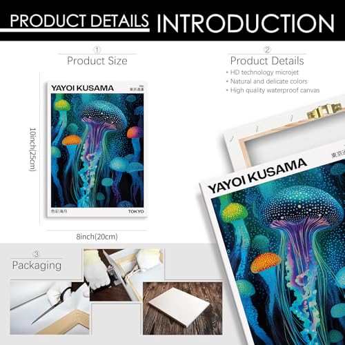 Colorful Ocean Jellyfish Wall Art Unique Japanese Animal Posters Yayoi Kusama Canvas Prints 08x10 inch Framed for Living Room Bedroom Wall Decor - color: Trendy 4-WFramed, size: 10"L x 8"W