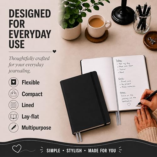 Eccolo Cool Jazz Hardbound Writing Journal, 192-Page Lined Paper, Lay-Flat - color: Black, size: Medium - (6-x-8.5 Inches)