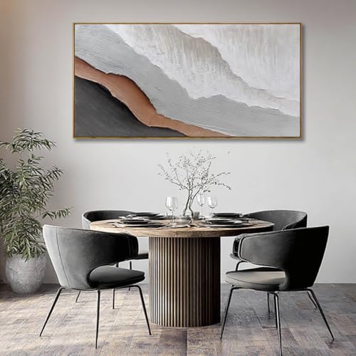 Textured White Wall Art,Grey Abstract Artwork,Large Framed Modern Pictures,Wave Landscape Oil Painting 24"x48"for Home Office Gallery - color: SOUGUAN-BHZ60120, size: 48"L x 24"W