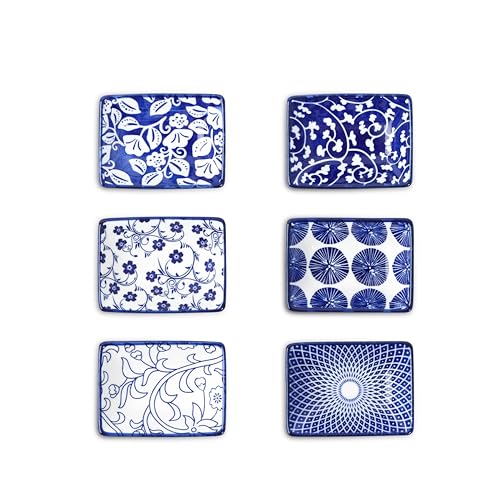 Selamica 3.75 Inch Ceramic Soy Sauce Dish, Set of 6, Vintage Blue - color: Vintage Blue, style: Rectangular