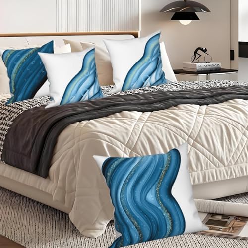 Abstract Fluid Throw Pillow Cover Blue Ocean Art Natural Luxury Gold Sequins Halo Modern Aesthetic Linen Square Cushion Covers for Outdoor Couch Sofa Bedroom Home Car 24x24 Inch Set of 4 - color: Blue, size: 24" x 24" (Pack of 4)