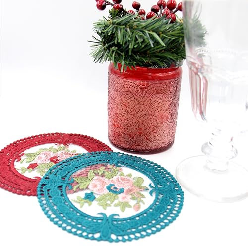 4.5'' 8pk Embroidered Floral lace Coasters, Cloth Crocheted Vintage doilies for Crafts, Small Round Teal Lace Embroidery Coasters for Tea Cups, Home Decoration, Wedding (Peacock Green) - color: Peacock Green