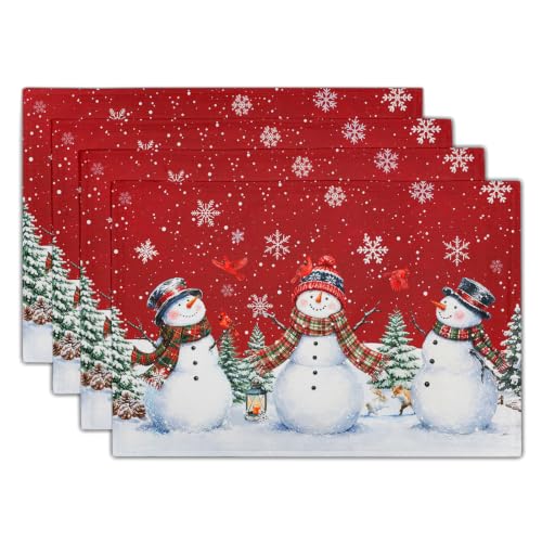 Giwawa Christmas Snowman Placemats Set of 4, 12x18in Xmas Green Trees Red Birds Linen Place Mat, Winter Snowflakes Heat Resistant Washable Table Mats for Kitchen Dining Seasonal New Year Decor - color: Christmas Snowman