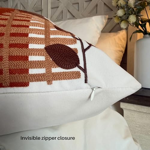 AYAY Decorative Velvet Throw Pillow Cover 18x18 Inch – Off White with Brown & Rust Embroidered Abstract Design, Warm Neutral Boho Accent Cushion, Hidden Zipper, Cover Only - color: Warm Neutral Brown and Rust