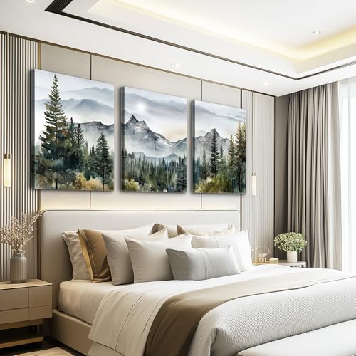 MHARTK66 Large Size Wall Art for Living Room Modern Wall Decor for Bedroom Office Decor Abstract Mountain Forest Landscapes Ink Painting 3 Piece Framed Canvas Art Prints Ready to Hang Wall Pictures - color: Forest Landscape Painting, size: 20x28inches*3pc