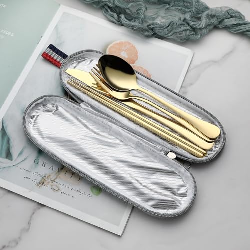 DEVICO Travel Utensils with Case, 5 Piece Portable Silverware Set for Work - color: Gold