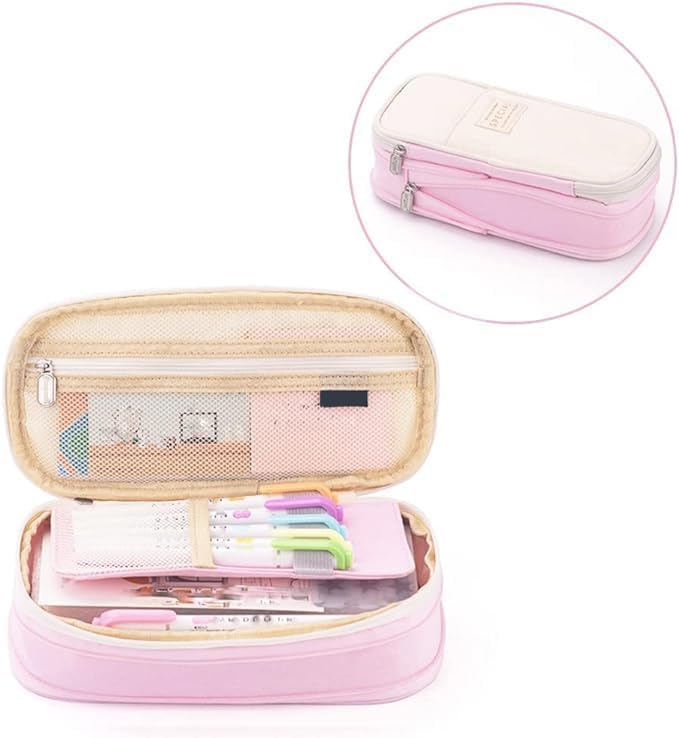 Arnuixty Large Storage Pencil Case Pen Bag with Zipper Big Capacity Pouch Organizer for Office Travel Holder Box - color: Pink