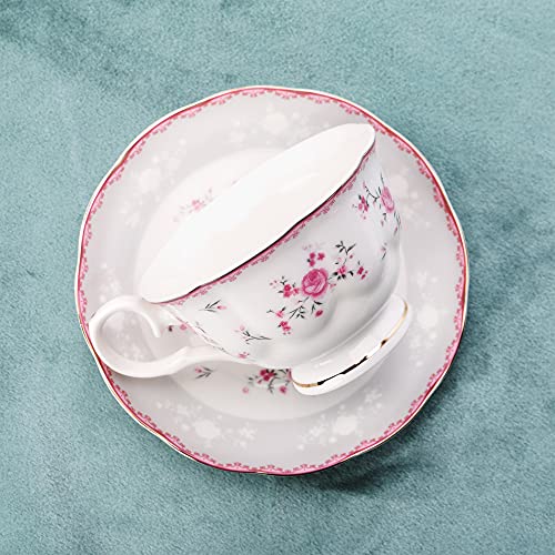 fanquare Vintage Porcelain Tea Set for Women Tea Party, Cup and Saucer Set for 6, Wedding Floral Teapot Set for Adults, Pink Rose - color: Pink