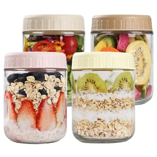 SHOWIN Overnight Oats Containers with Lids, 16oz Glass Jars with Lids 4 pcs, Wide Mouth Mason jars for Salad, Yogurt, Snacks, Meal Prep - color: Multicolor, size: 16oz-4pc