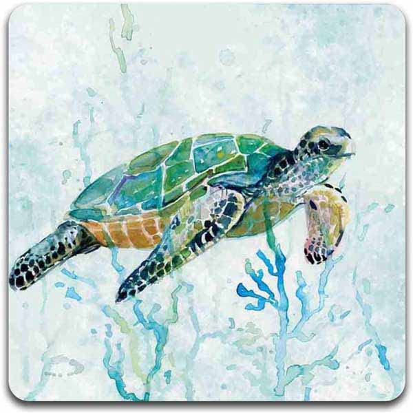 Watercolor Sea Turtle Square Coaster Set-Made of Recycled Rubber-Set of 4 - color: Watercolor Sea Turtle