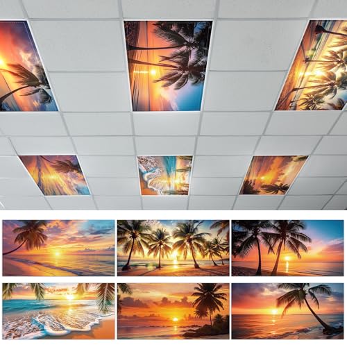 Wiooffen 6 Pcs Fluorescent Light Covers with 60 Magnets Decorative for Classroom Ceiling Light 4 x 2 Feet Magnetic Light Covers Filter Easy Install for Office Hospitals & Home(Orange Beach) - color: Orange Beach