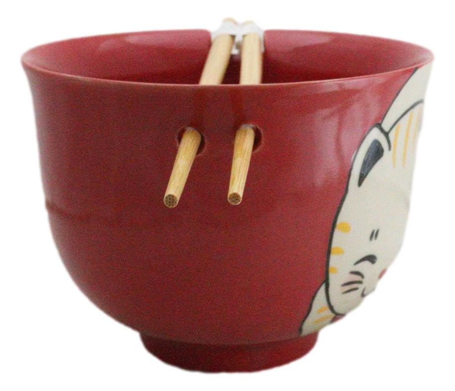 Ebros Gift Artistic Donburi Ramen Udon Noodles Soup Salad 5" D 18Oz Bowl With Bamboo Chopsticks And Built In Rest Set Asian Dining Kitchen Accent (Red Chubby Kitty Cat) - color: Red Chubby Kitty Cat
