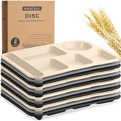 Pinkunn 12 Pcs 14'' Large Divided Plates Unbreakable Wheat Straw Lunch Trays 6 Compartments Cafeteria Trays Microwave Dishwasher Safe Food Separator Plates (Black, Dark Gray, Beige) - color: Black, Dark Gray, Beige
