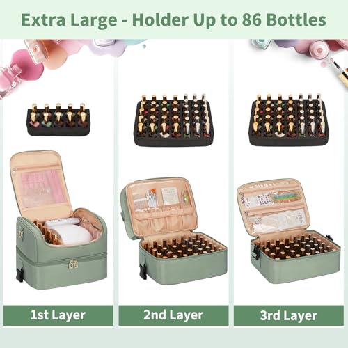 CUBETASTIC Nail Polish Organizer Case, Nail Supplies Storage Box Holds 86 Bottles Nail Polish & Nail Lamp, Travel Nail Tech Carrying Case, Nail Kit Bag For Nail Stuff & Manicure Tools - color: Green, size: 86 Slots