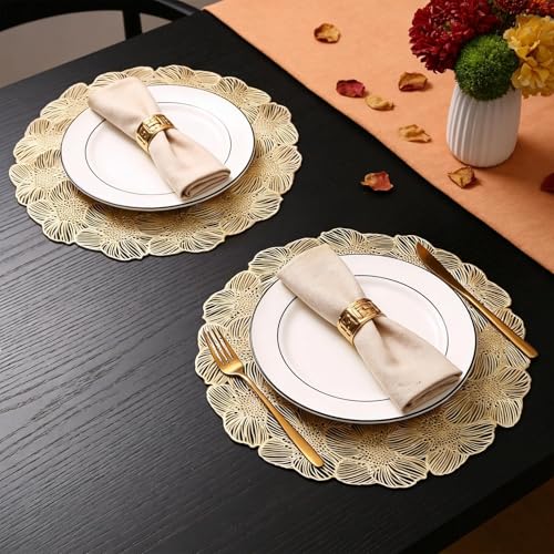 Quantum Love Gold Round Placemats Set of 6 Flower Metallic Circle Vinyl Place Mats 15 Inch Wipeable Hollow Out Table Mat for Anniversary Wedding Events Kitchen - color: Gold Flower
