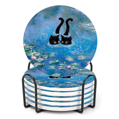 Nikyi 6 Pcs Cute Cat Ceramic Drink Coasters, Absorbent Round Coasters with Cork Backing & Metal Holder, Monet Art Water Lily Coasters Perfect for Coffee Table Office Home Decor & Cat Lovers - color: Cute Cat Monet Art
