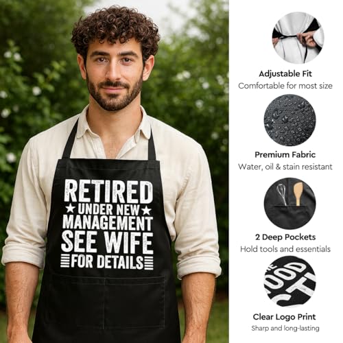 Funny Black Grill Apron with Pockets for Man,Dad,Husband,Father in Law,Chef Daddy Grilling Apron BBQ Cooking Gifts - color: Retired Gift