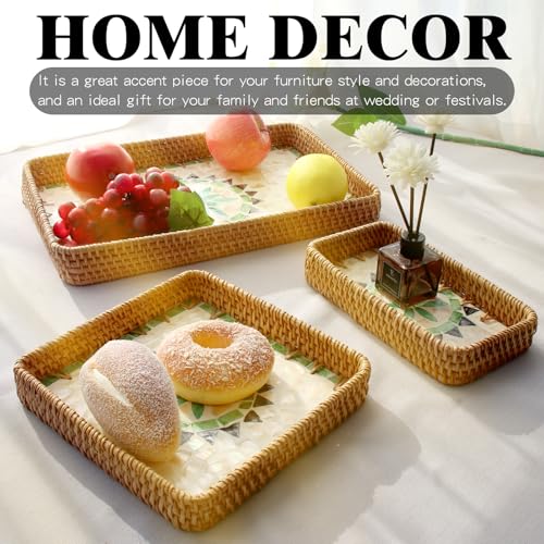 Rectangular Rattan Serving Tray with Mother of Pearl Inlay, Boho Home Decor Wicker Woven Basket for Bread Fruit Coffee Table Kitchen Set of 3 Sizes (Bohemian) - color: Bohemian
