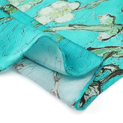 JWSilk Long Charmeuse Silk Scarf Classic Art Print - color: Almond Blossoms By Van Gogh