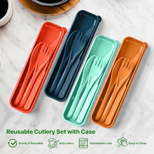Travel Utensils Set with Case, 8 Sets Camping Utensils Reusable Wheat Straw Utensils Set With Case, Knife Spoon and Fork Set for Lunch Box - color: Multicolor
