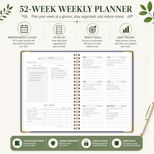 Undated Weekly Planner, Weekly To Do List Notebook with Habit Tracker, A5 - color: Purple