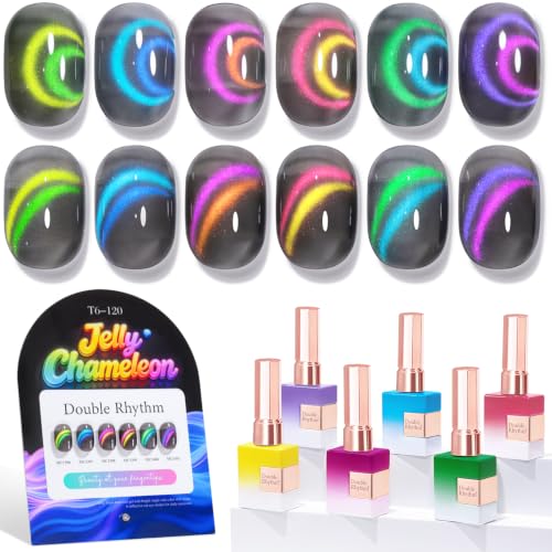 Double Rhythm Cat Eye Gel Nail Polish Set of 6 Same Color Same Bottle 0.5 Oz Shimmer Glitter with Magnet Holographic Reflective Magnetic UV Nail Polish Kit at Home (T6-120) - color: Chameleon Jelly