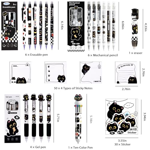 Black Cute Cat Stationery Set,School Supplies with Sticky Notes,Pencils