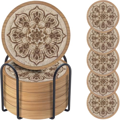 Wood Coasters for Drinks, Eykao Absorbent Coaster Sets of 5, Woven Drink Coasters for Coffee Table, Housewarming Gift for Farmhouse Home Decor,4 inches - color: Dark Brown (With Holder)