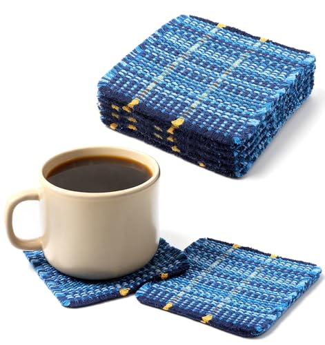 8 Pcs Cloth Coasters for Drinks, Blue Coasters Handcrafted Cotton Coastal Farmhouse Table Decor for Coffee, Tea & Cocktails, Housewarming Gift