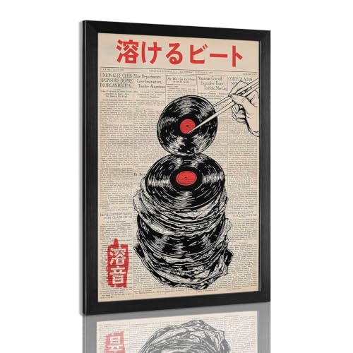 Vintage Vinyl Record Canvas Wall Art Funny Melting Beat Newspaper Poster Abstract Japanese Music Record Aesthetic Prints Painting For Home Bedroom Dorm Living Room Wall Decor 12x16in Framed - color: Multi 05 Framed, size: 12"L x 16"W