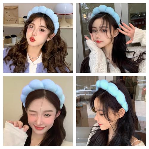AOENJIE Spa Headbands for Washing Face or Makeup, Sponge Bubble Skincare Headbands, Puffy Terry Cloth Hairband for Women, Skin Care Makeup Headwear Hair Accessories for Girls(Blue) - color: Blue