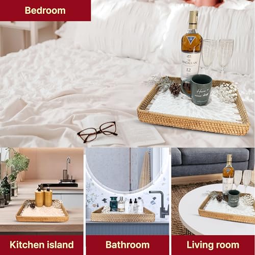 Rattan Rectangle Tray with Mother of Pearl Inlay, Unique Decorative and Serving Tray for Outdoor,Bathroom, Kitchen, Vanity, Perfume, or Coffee Table (Combo White 13"&11.8") - color: Combo White