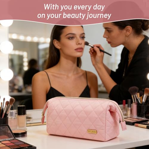 Graduation Gifts Soft Quilted Makeup Bag, Wide Opening Cosmetic Pouch Travel Toiletries Accessories Bag Trendy Makeup Purse for Women Teen Girls Holiday Gifts Birthday Gifts (Light Pink) - color: Light Pink