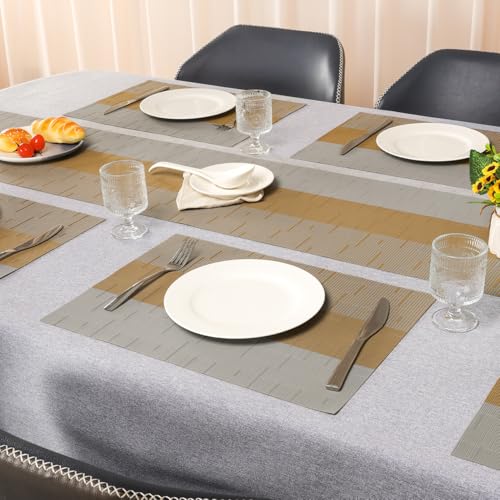 Placemats Set of 4, Vinyl Woven Heat-Resistant Place Mats - color: Gray Light Brown, size: Set of 4