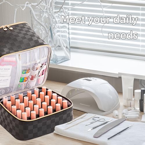 Portable Nail Polish Organizer Bag with UV Light Case - Holds 30 Bottles and 1 UV Nail Lamp, Double-Layers Nail Dryer Case for Gel Nail Polish Kit, Nail Art Decorations（Checkered Black） - color: Black-Lattice