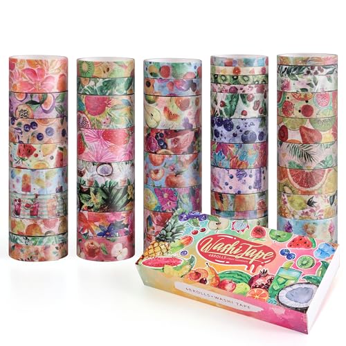 emmoolife 48 Rolls Washi Tape Set, Vibrant Watercolor Summer Fruit Decorative Tape for Scrapbooking, Bright Colorful Holiday Tapes for Junk Journal Supplies Bullet Journaling, DIY Art for Women - style: Colorful Fruit