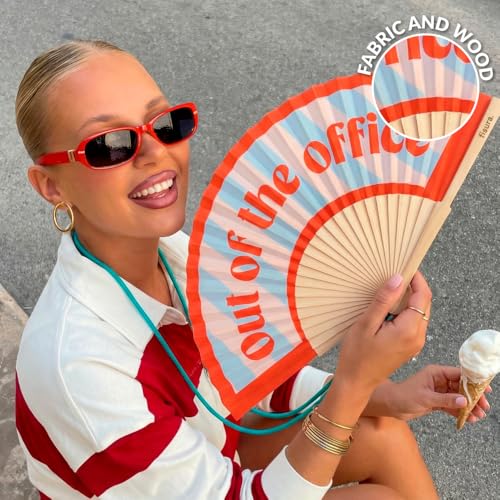 Fisura – Original folding fan with “Out of the Office” message. Colorful wooden folding fan in blue and red with strap included. Fun gift idea for travel beach days or summer events. 16.7 x 9 in. - color: Out of the Office, Blue Stripes