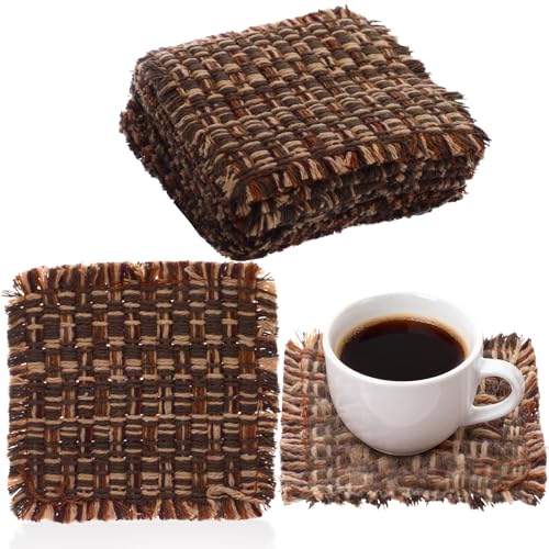 Set of 10 Fabric Drink Coasters, Handcrafted Cotton Woven Coasters for Table, Coastal Farmhouse Table Decor for Coffee Tea Cocktails, Absorbent Soft Desk Coasters for Kitchen Office, Housewarming Gift - color: Linen Brown