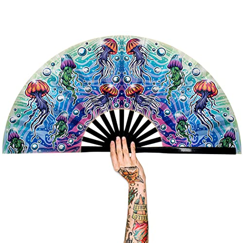 13" Large Rave Fan Bamboo, Folding Clack Hand Fans Foldable for Men Women, Poping Fan for EDM Festival Line Dance Decoration, (Jellyfish, Large 13") - color: Jellyfish, size: Large 13"