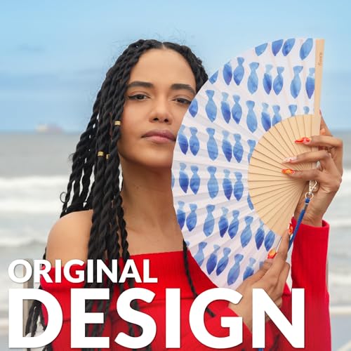Fisura – Original Folding Fan with Fish Print. Modern and Colorful Wooden Folding Fan. Blue & White Folding Fan. Includes Strap. Fun Gift idea. 16.7 x 9 in. - color: Blue