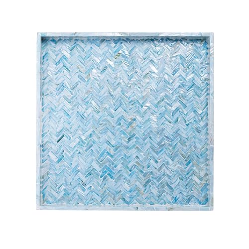 PEMAR Mother of Pearl Square Decorative Tray 20 x 20 Inch - Handcrafted Ocean Blue Herringbone Shell Inlay Ottoman Tray with Built-in Handles, Large Oversized Coffee Table Centerpiece Tray - color: Light Teal Herringbone