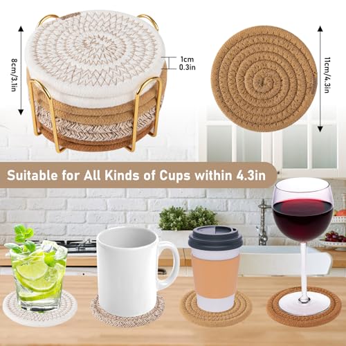 OIAHOMY 8 Pcs Coasters with Holder for Beer, Coffee, Woven Cotton Coaster Set for Table Decor for Kitchen, Bar, Dining Room, Living Room, Housewarming Gifts - Yellow - color: Yellow, size: 8Pcs