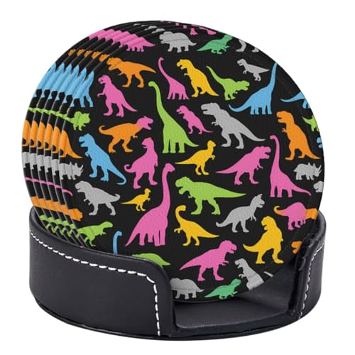 6 Pcs Leather Coasters for Drinks with Holder Cute Colorful Dinosaurs Coaster Sets Drink Table Cup Coasters for Kitchen Coffee Decor - color: Colorful Dinosaurs